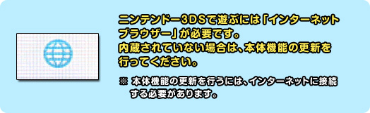 ニンテンドー3DSで遊ぶには「インターネットブラウザー」が必要です。内蔵されていない場合は、本体機能の更新を行ってください。※ 本体機能の更新を行うには、インターネットに接続する必要があります。
