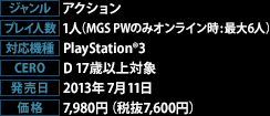 [ジャンル]アクション [プレイ人数]1人（MGS PWのみオンライン時:最大6人） [対応機種]PlayStation®3 [CERO]D 17歳以上対象 [発売日]2013年7月11日 [価格]7,980円（税抜7,600円）